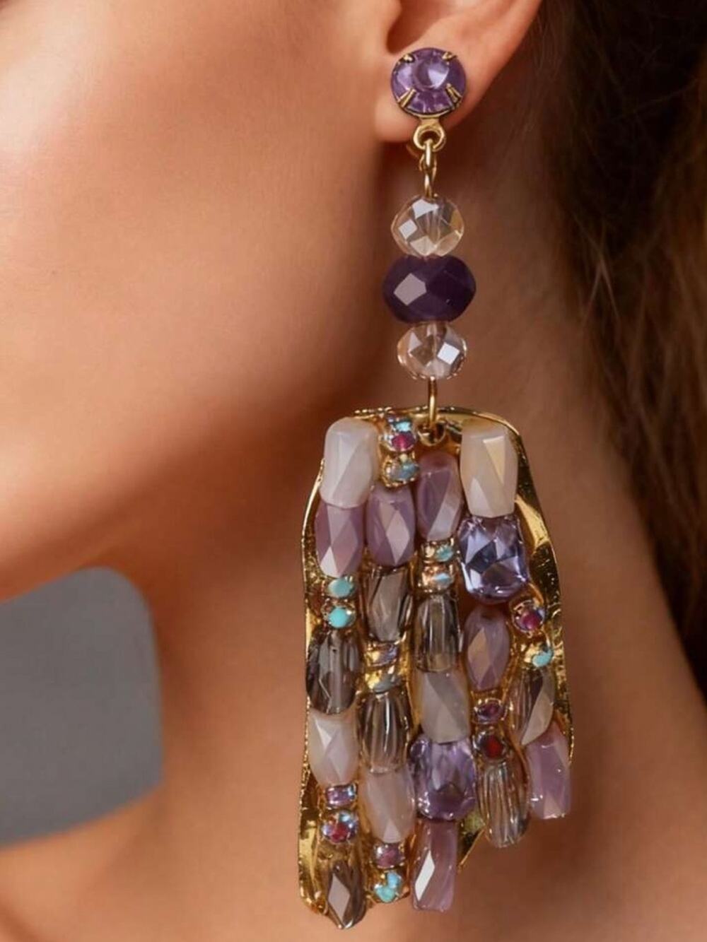 Boho Stone Dangle Earrings Gold Multicolor Statement Beaded Fringe Drop